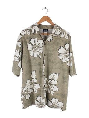 Vintage Hawaiian Shirt Floral Aloha Cotton Knit Camp Green Men's Size XL